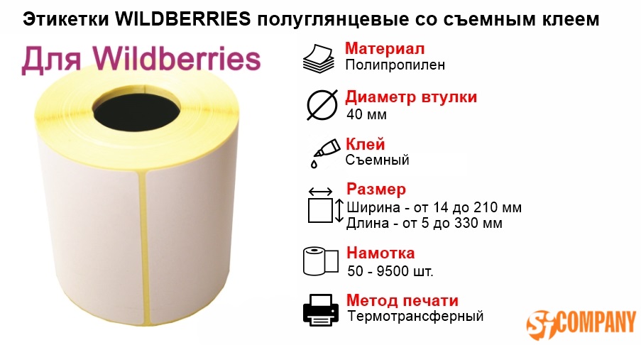 Инфографика Этикетки WILDBERRIES полуглянцевые со съемным клеем втулка 40 мм