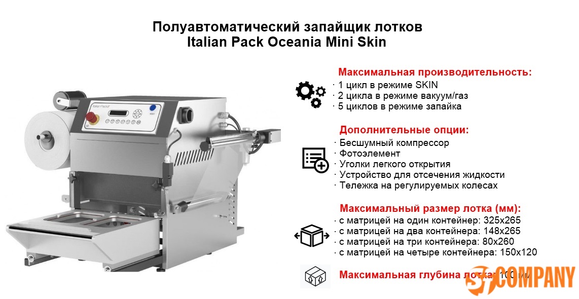 Инфографика Полуавтоматический запайщик лотков Italian Pack Oceania Mini Skin